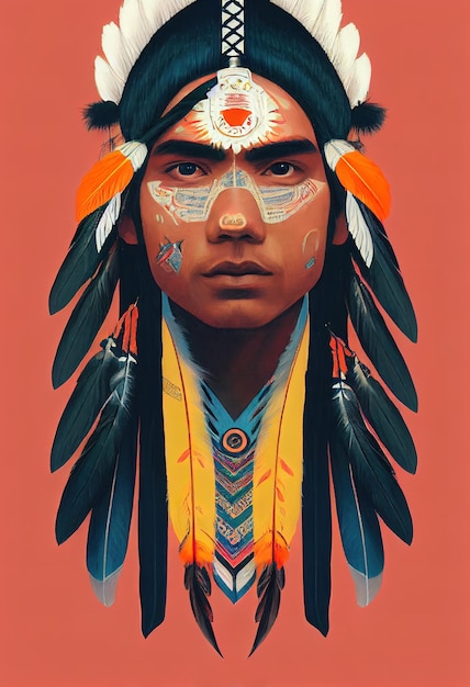 Índio Cherokee com penas em sua ilustração de cabeça