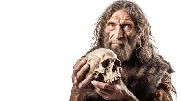 Foto neandertaler mit schädelkopf