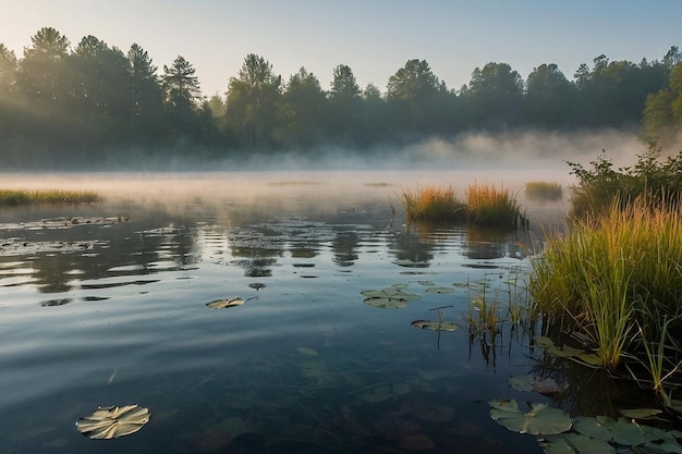 Foto nebel am morgen über einem ruhigen teich