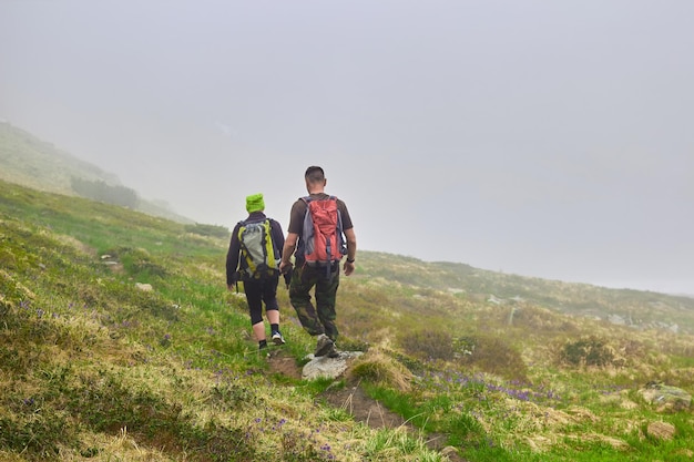 Nebel auf Bergsteigern, die einen grasbewachsenen, felsigen Hügel in grünen, wunderschönen Bergen hinuntergehen. Touristen atemberaubende Aussicht, erstaunliche Natur, gesunder Lebensstil, Tal der Blume