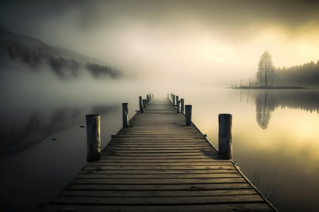 Nebel auf dem See mit Holzpfeiler