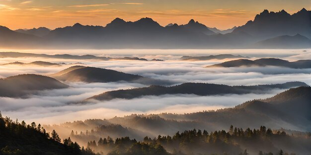 Foto nebel, der die gipfel majestätischer berge verdeckt, landschaft, die in einem weichen grauen nebel verschlungen ist