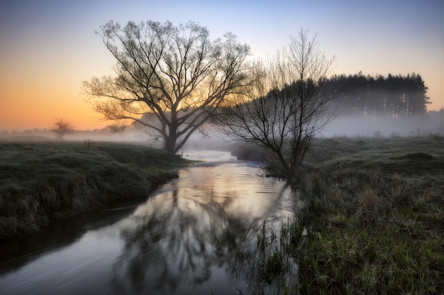 Nebel im Tal eines malerischen Flusses