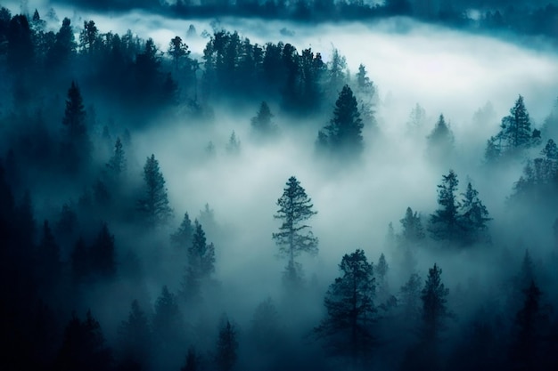 Nebel im Wald Luftbild Generative KI