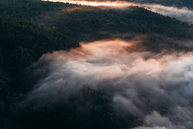 Nebel in den Bergen bei Sonnenaufgang. Morgennebel in den Bergen im Morgengrauen. Wolken in den Bergen. Morgennebel nach Regen. Berge im Morgengrauen. Milchflüsse. Platz kopieren