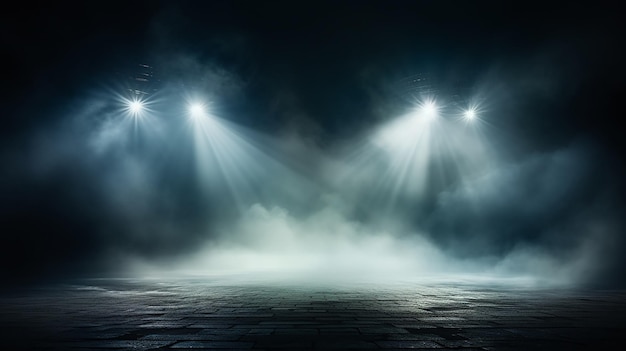 Nebel, Rauch im Hintergrund, Licht von Theaterstrahlen auf einer leeren Bühne, beleuchtetes Podium in der Halle