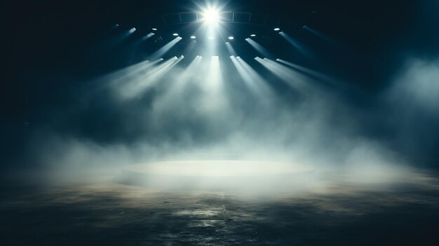 Foto nebel, rauch im hintergrund, licht von theaterstrahlen auf einer leeren bühne, beleuchtetes podium in der halle