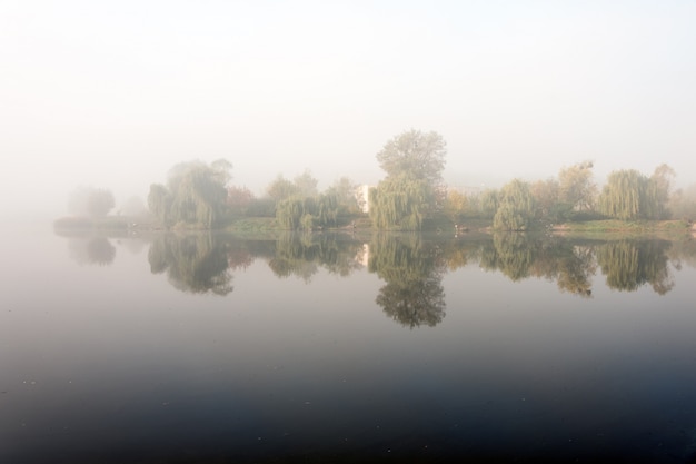 Nebel über dem See mit Spiegelung im Wasser