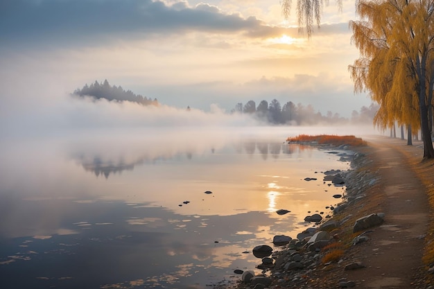 Nebel über dem Wasser am Fluss Dnieper im Herbst