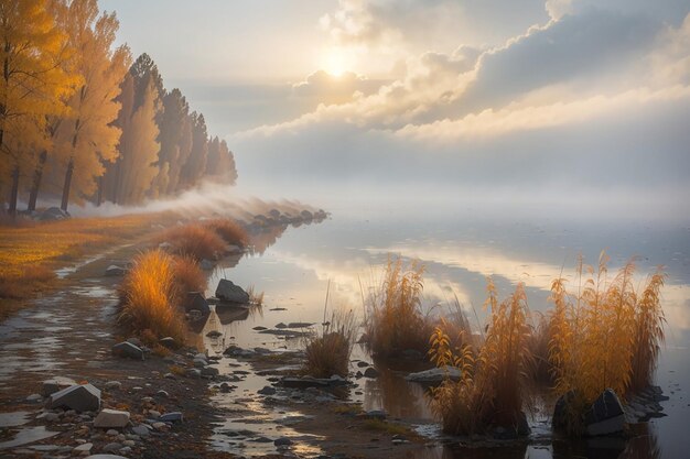 Nebel über dem Wasser am Fluss Dnieper im Herbst