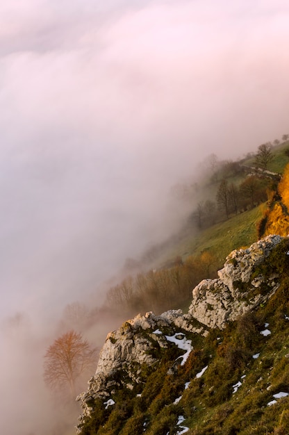 Nebel- und Wolkenschneegebirgstalandschaft.