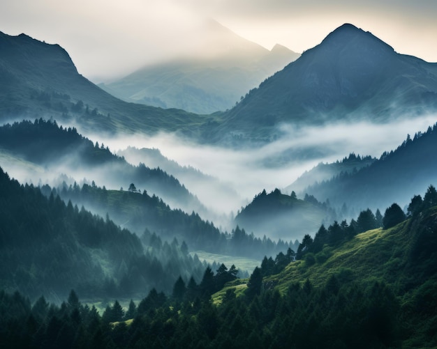 Nebelbedeckte Berge mit Bäumen im Hintergrund