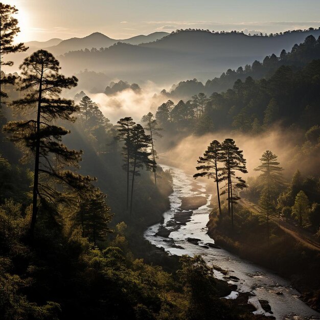 Nebelbedeckte Bergmorgen Berglandschaft Foto