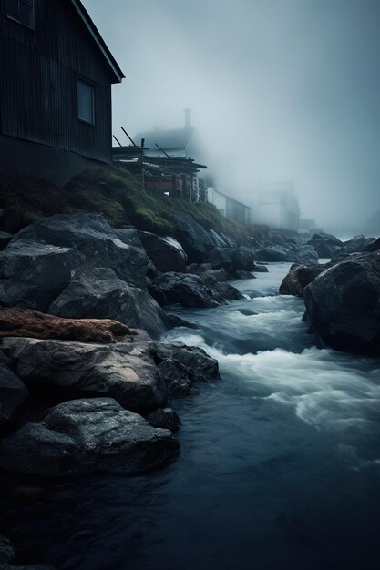 Nebelfjord in Norwegen mit traditionellen norwegischen Häusern am Ufer