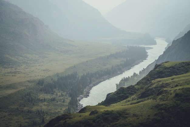 Nebelhafte Berglandschaft mit breitem Gebirgsfluss. Dunkelgrüne düstere Landschaft mit Zusammenfluss von zwei Gebirgsflüssen im Nebel. Dunkler atmosphärischer Blick auf den Zusammenfluss großer Flüsse bei Regenwetter.