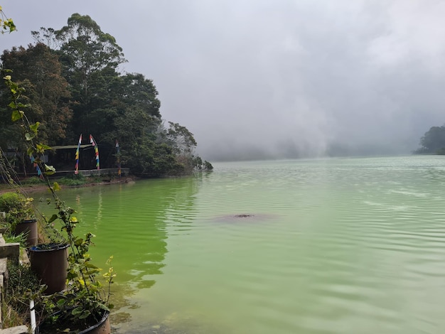 Nebelhafte grüne Wasserfarbe des schönen Seeblicks