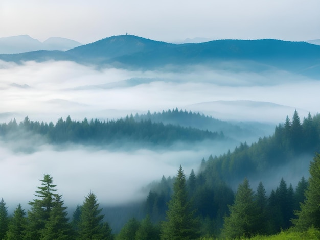 Nebelhafte Landschaft mit Tannenwald