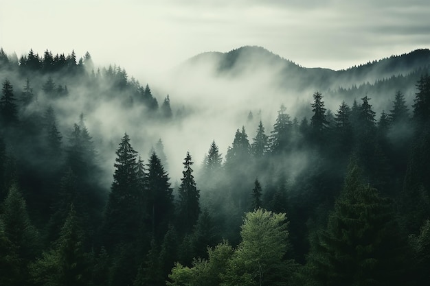 Nebelhafte Landschaft mit Tannenwald