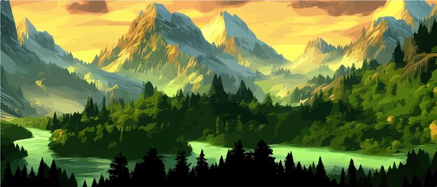 Nebelige Berge mit Nadelwaldvektorillustration Rauchiges Felspanorama mit Bergbergen