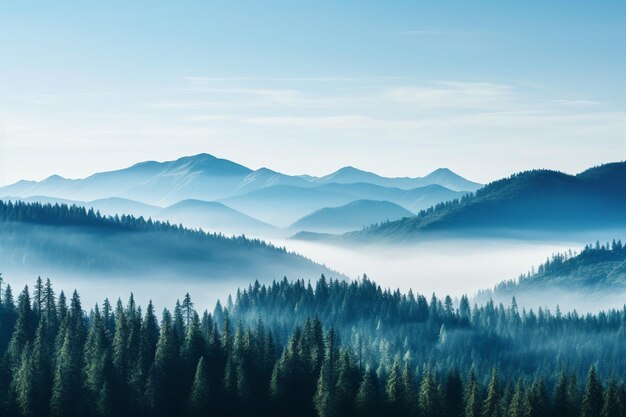 Foto nebelige herbstlandschaft von bergen, die mit grünen bäumen und gelben birken bedeckt sind