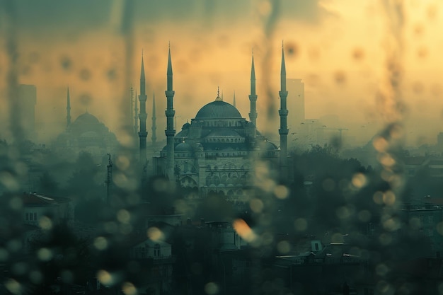 Nebelige Morgendämmerung über der historischen Moschee mit regenspritzendem Blick