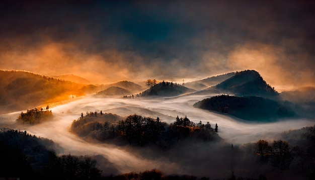 Nebelige Morgenhügel und Berglandschaft neuronales Netzwerk generierte Kunst