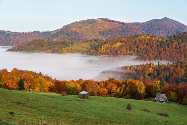 Nebelige Morgenwolken im Herbst Berglandschaft Ukraine Karpaten Transkarpatien