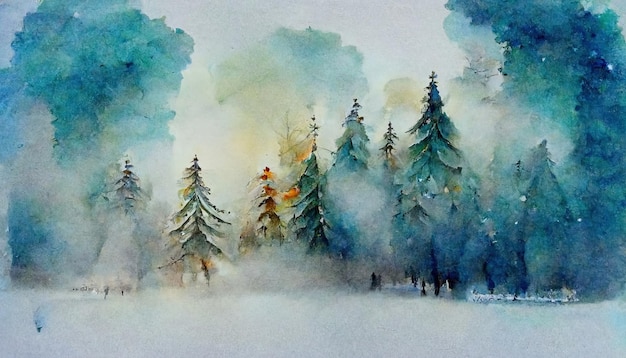 Nebelige Waldlandschaftsillustration des Aquarellwinters