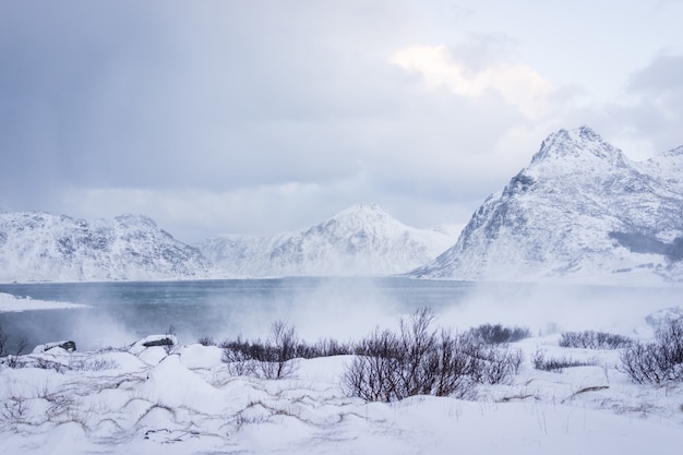 Nebeliger Berg in nordnordischer Natur