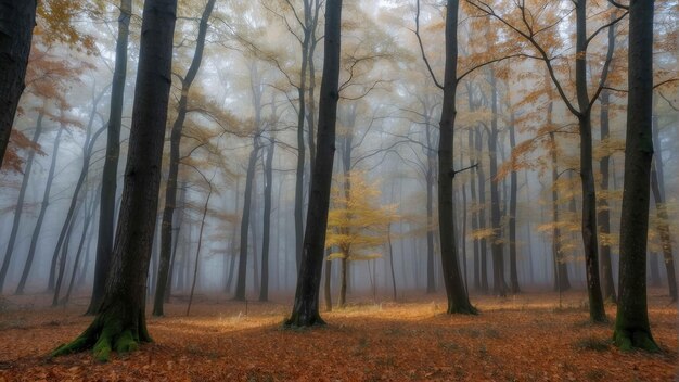 Nebeliger Herbstwald mit hohen Bäumen