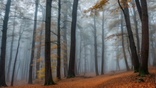 Nebeliger Herbstwald mit hohen Bäumen