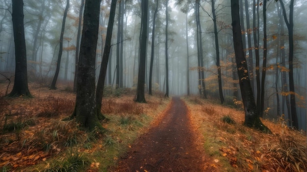 Nebeliger Herbstwald mit hohen Bäumen