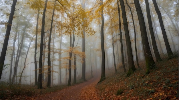 Nebeliger Herbstwald mit hohen Bäumen