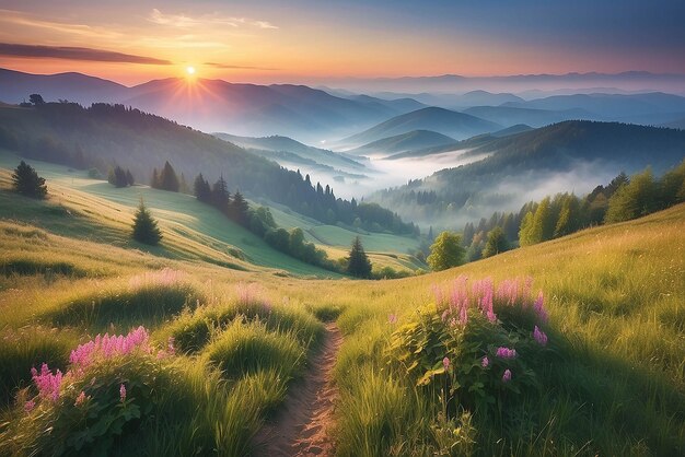 Foto nebeliger sommer-sonnenaufgang in den karpaten farbige morgenszene im bergtal schönheit der natur konzept-hintergrund künstlerischer stil postverarbeitetes foto