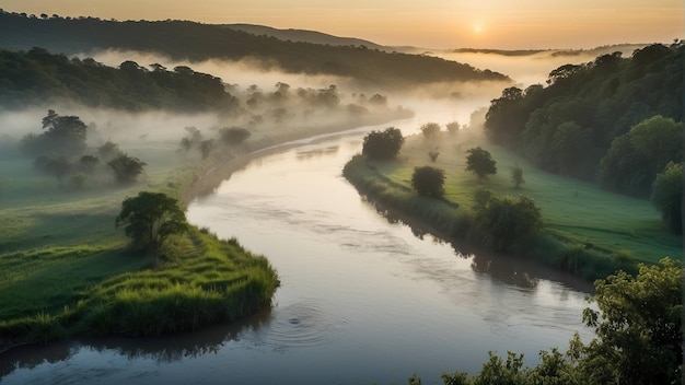 Nebeliger Sonnenaufgang über einer ruhigen Flusskurve