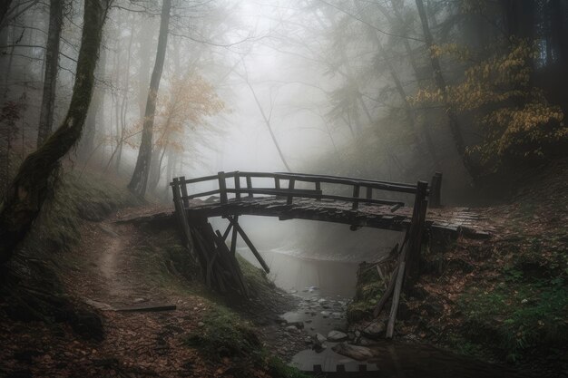 Nebeliger Wald mit alter Holzbrücke über einen Bach, erstellt mit generativer KI