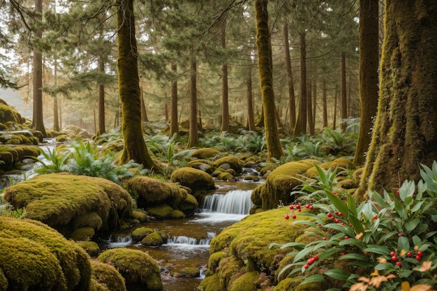 Nebeliger Wald mit kleinem Wasserfall und moosigen Felsen