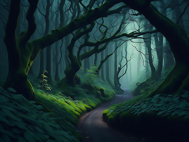 Nebeliges Waldpanorama Ein nebliger Tag in gruseligen Wäldern Kalter, schrecklicher Morgen in einem Märchenwald