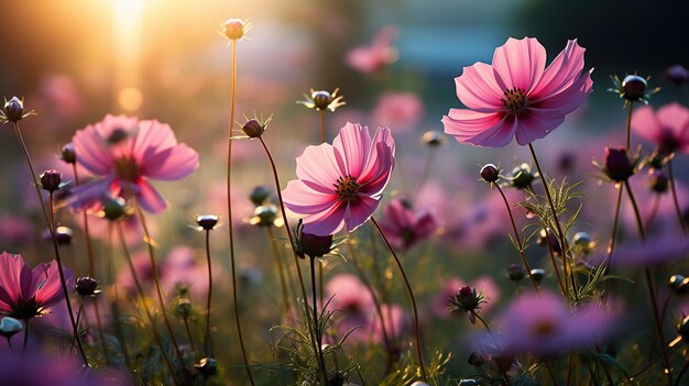 Foto nebelmorgen auf einem feld von wildblumen