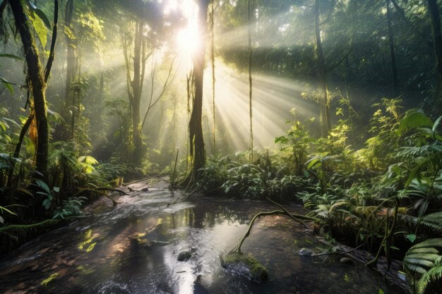 Foto nebelmorgen im dichten regenwald mit durchblickenden sonnenstrahlen, die mit generativer ki geschaffen wurden