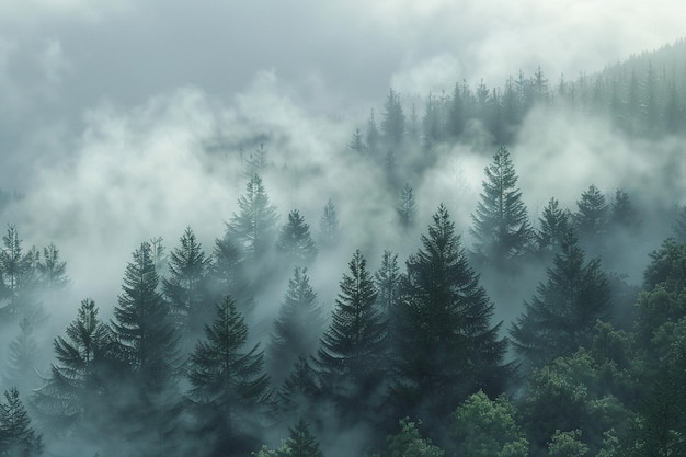 Nebelstrahlen, die durch einen nebligen Wald rollen