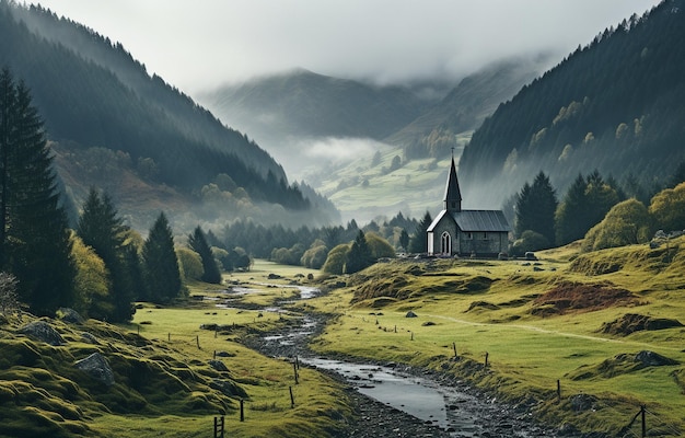 Nebeltag mit einer schäbigen schwarzen Kirche umgeben von Hügeln
