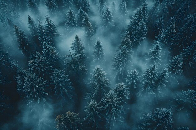 Nebelwald mit dichten Bäumen Generative KI