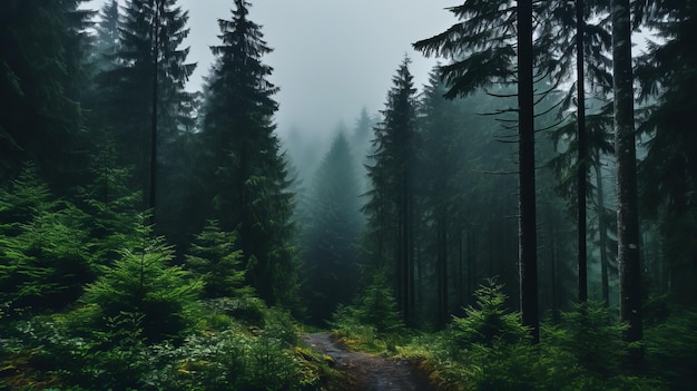 Nebelweg durch dichte Kiefernbäume Eine dunkelgrüne Waldgeschichte