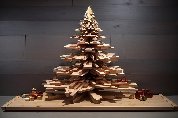 Foto neben dem fenster ein geschmückter dreieckiger weihnachtsbaum aus einem stück holz stern runde kugel