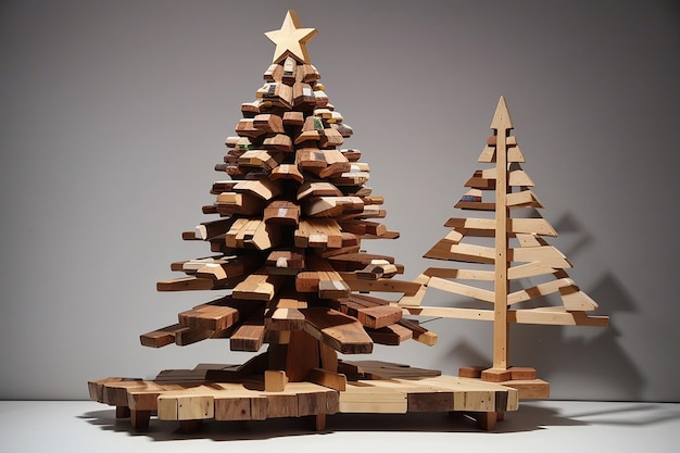 Foto neben dem fenster ein geschmückter dreieckiger weihnachtsbaum aus einem stück holz stern runde kugel