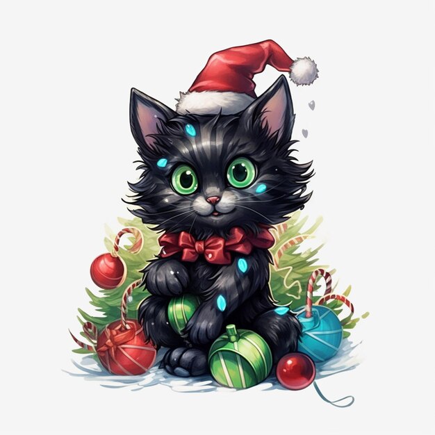 Neben Weihnachtsdekorationen mit generativer KI sitzt eine schwarze Katze mit Weihnachtsmütze