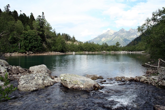 Nebenfluss des Flusses, der in den Bergsee mündet