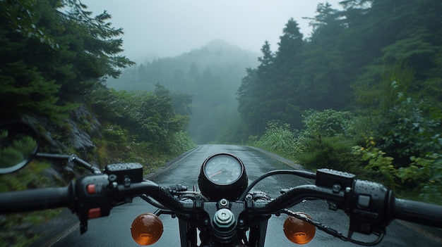 Neblige Bergstraße aus der Perspektive eines Motorrads an einem frühen Morgen