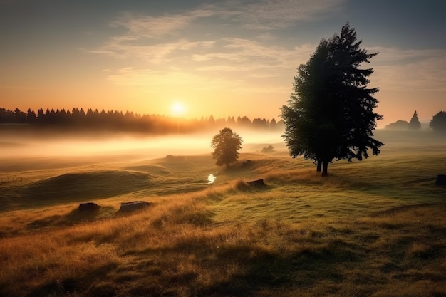 Neblige Landschaft bei Sonnenaufgang